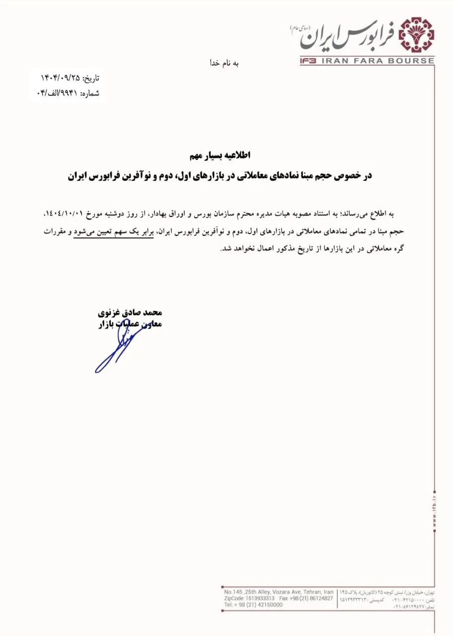 تصویر بخشنامه حذف حجم مبنا توسط بورس